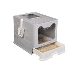 Cat Litter Box,Foldable Top Entry Cat Litter Box with Lid,Cat Potty with Cat Plastic Scoop,Extra Large Space Entry Top Exit Litter Box,Drawer Structur