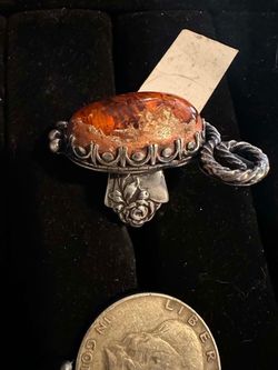 Handmade  Oval Amber Cabochon Pendant sterling silver