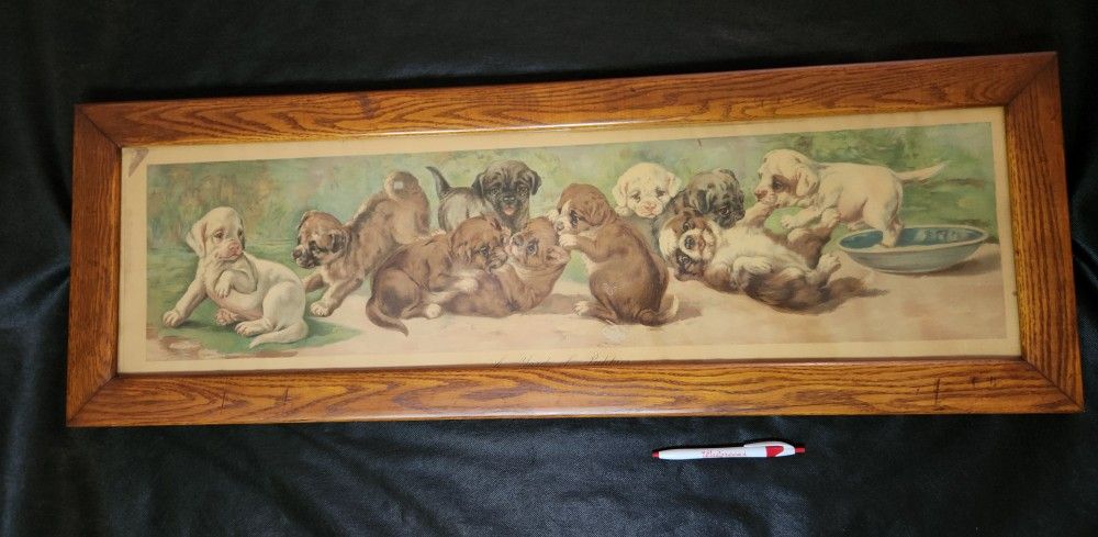 Vintage "Yard Of Puppies" Print + Frame