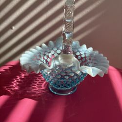 Vintage Fenton Light Blue Opalescent Hobnail Basket Bamboo Handle 