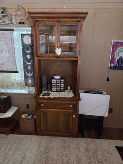 Vintage Wood Hutch Cabinet with Glass Doors