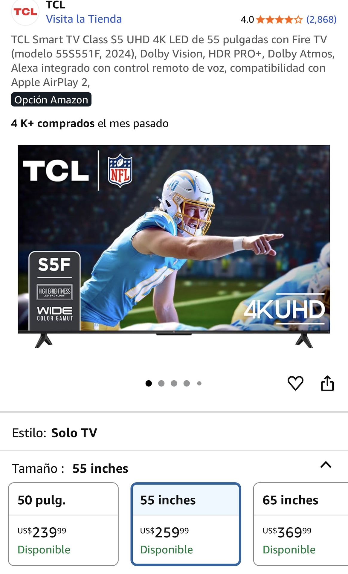 TCL Smart TV Class S5 UHD 4K 55-inch LED with Fire TV (model 55S551F, 2024), Dolby Vision, HDR PRO+