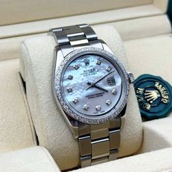 1980s Rolex Datejust 36mm 36 MOP 14k white gold diamond dial diamond bezel stainless steel oyster bracelet watch box & appraisal papers