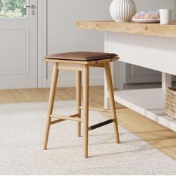 Nathan James Barker Classic Counter Height Wood Barstool with Leather Removable Cushion, Backless Island 24" Bar Stool for Kitchen, Chestnut Brown

