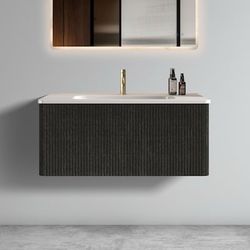 Roomfitters 36-Inch Striped Brushed Black Oak Floating Vanity Base with White