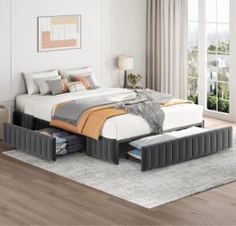 Gray soft bed frame with storage