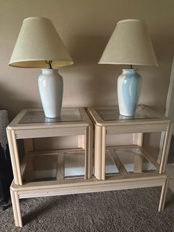3 vintage living room tables with a pair of matching lamps