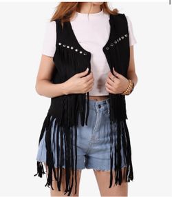 Black Suede Fringe Vest with Silver Studs
