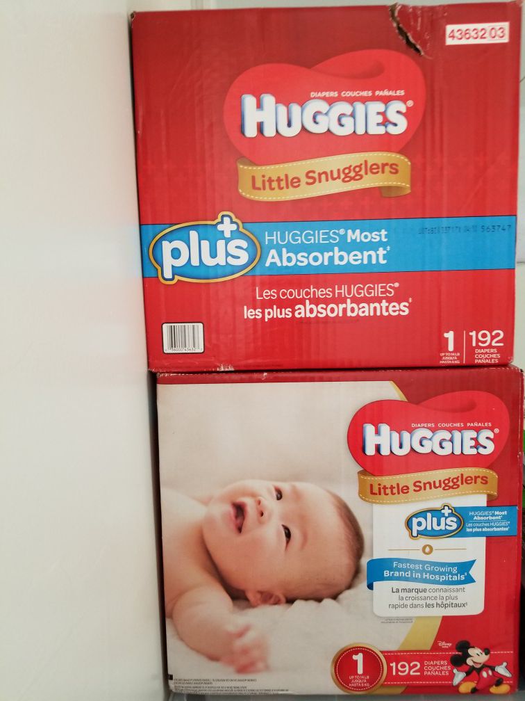 Huggies plus+ size 1= 2 boxes of 192 diapers