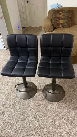 2 Modern Adjustable Swivel Bar Stools – Black Faux Leather