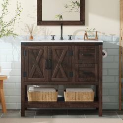 36" Brown Farmhouse Bathroom Vanity with Sink and 2 Drawers Rustic Brown, Single