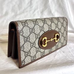 GUCCI Horsebit 1955 Wallet on Chain Crossbody Brown/Gray Leather PVC