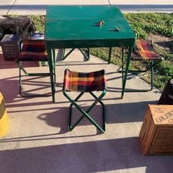 Old vintage Coleman camping table with stools