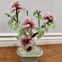 Vintage Pink & Green Glass Bonsai Tree Decorative Piece