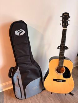 Fender acoustic guitar, soft guitar case and stand