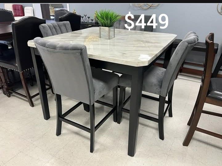 5-pc Counter Height Dining Table Set White Faux Marble Table Top And Grey Velvet Upholstered Chairs