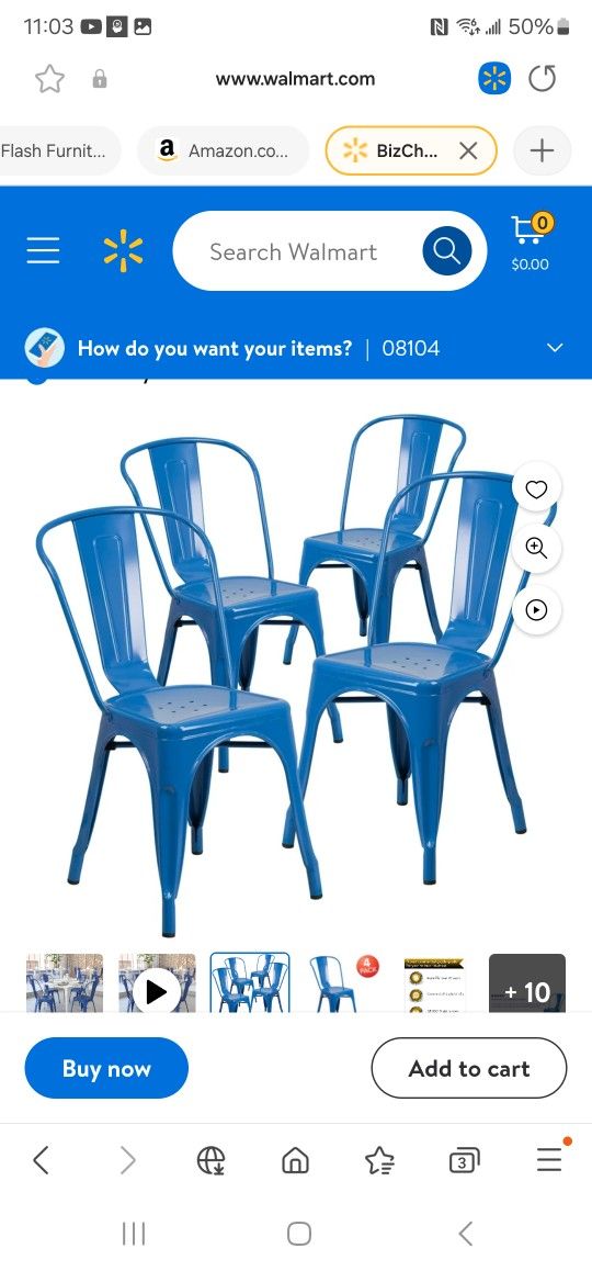 Flash Furniture Roy Commercial Grade 4 Pack Blue Metal Indoor-Outdoor Chair With Arms Blue Set Of 4 BRAND NEW Retail 270.00 Amazon
