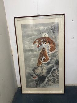 Vintage Korean water painting in wooden frame