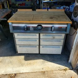 Reclaimed /  Upcycled rolling work station w/ 6 drawers from a radial arm saw