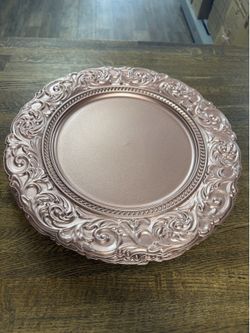 4 Plates 14" Round Rose Gold with Engraved Baroque Rim - Vintage Disposable Decorative Chargers