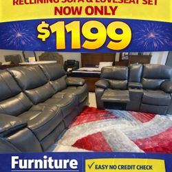 Madrid, grey leather reclining sofa and loveseat set only $1199. Easy finance option. Same day delivery.