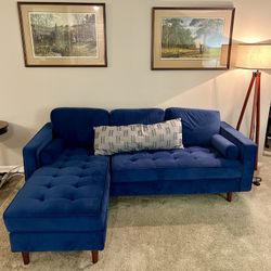 Blue Velvet 84" Wide Reversible Sofa and Chaise