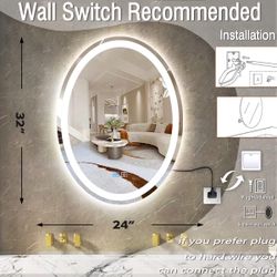 24 x 32 Inch Oval Vanity Mirror with Lights Oval LED Mirror for Bathroom Wall Mounted Oval Lighted Mirror Dimmable 3 Color Light Oval Mirror Anti Fog 