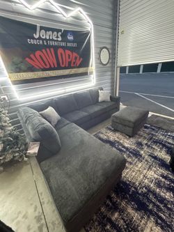Dark Gray Fabric Sectional Sofa with Ottoman