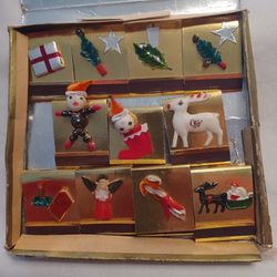 Vintage Christmas Box Red & Green Matches in Gold Foil Matchbooks w/Figural Tops