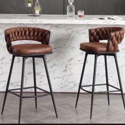Modern Bar Stools Set of 2, 30" Bar Height Barstools, 180° Swivel Suede Fabric Stool Chairs with Woven Back and Footrest for Kitchen Island, Cafe, Pub