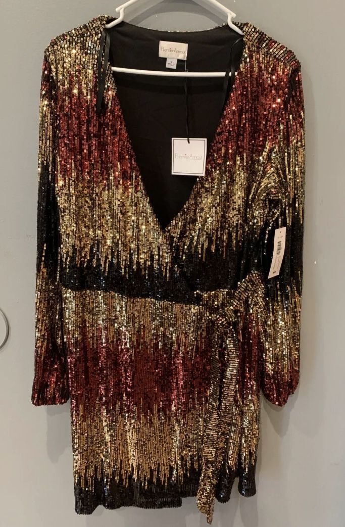Premier Amour Black Gold Ombré Sequined Dress Full Sleeves Party Size 16