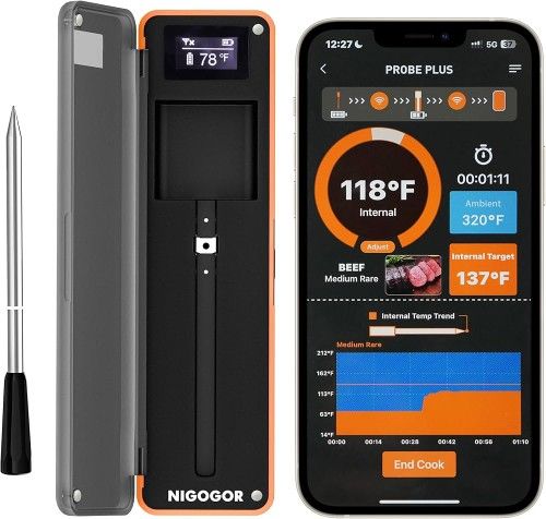 Smart Wireless Meat Thermometer with Thin Probe, Bluetooth, Remote Tracking, Real-Time Readings from iOS and Android, for BBQ, Grill, Smoker