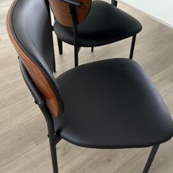 Black Dining Chairs - Set Of 2 - Black Leather/Cherry wood - Black Metal Legs