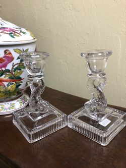 Vintage Clear Glass Dolphin/Koi Candlesticks