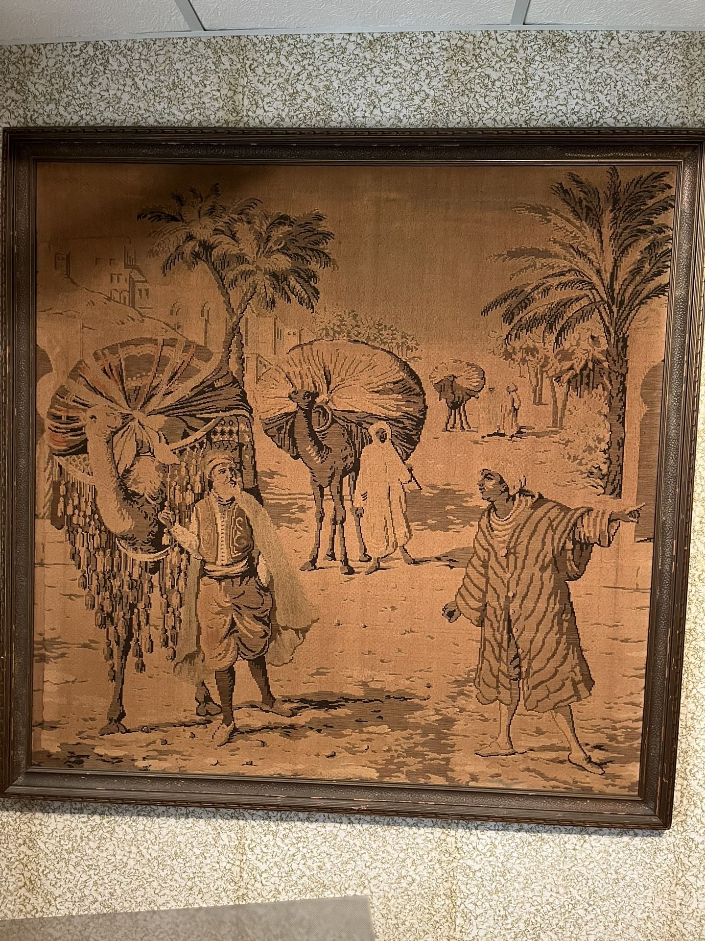 Antique 18th Century Moroccan Men w/ Camels woven Tapestry in Wood Frame 54”x54”