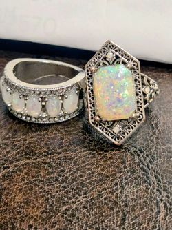 Two Silver-Tone  Fire Opal Statement Rings 8/6.5