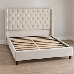 Queen cream studded platform bed frame