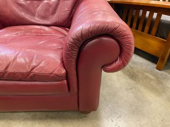 Bright Burgundy Leather Roll Arm Sofa Chair
