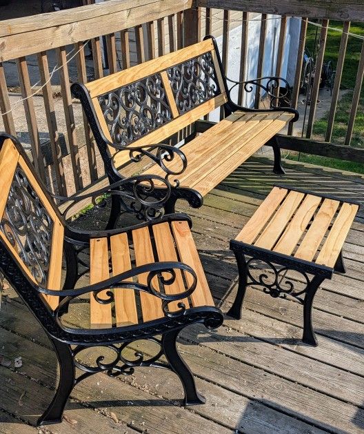 Vintage Three-piece Cast Iron And Wood Bench And Seat With Side Table