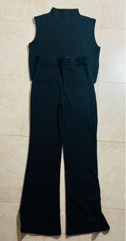 House of Harlow 1960 Black Ribbed Knit Mock Neck Top & Flared Pants Set L
