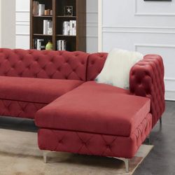 Red Velvet U Shape Sectional Button Tuft 2 White Fur Pillows Included Chrome Legs Brand New In Box Firm Price $699!!!
