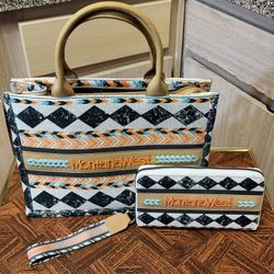 Montana West Boho Handle Canvas Print Tote/Crossbody Bag With Wristlet Wallet 