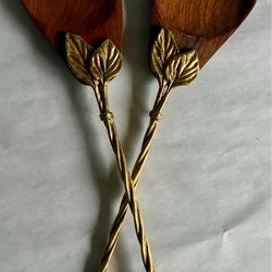 Vintage Style Handmade Walnut and Brass Salad Serving Spoons
