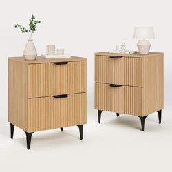 Fluted Nightstand Set of 2, Modern Night Stands with 2 Drawers, Bedside Table for Twin/Full/Queen Bed, End Table with Robot-Friendly Metal Legs for Be