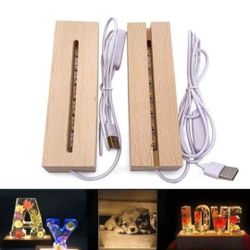 NEW! 2Pcs Wood LED Lights Display Bases 6" Rectangle Wooden Lamp 6.0x1.75x1.25, USB