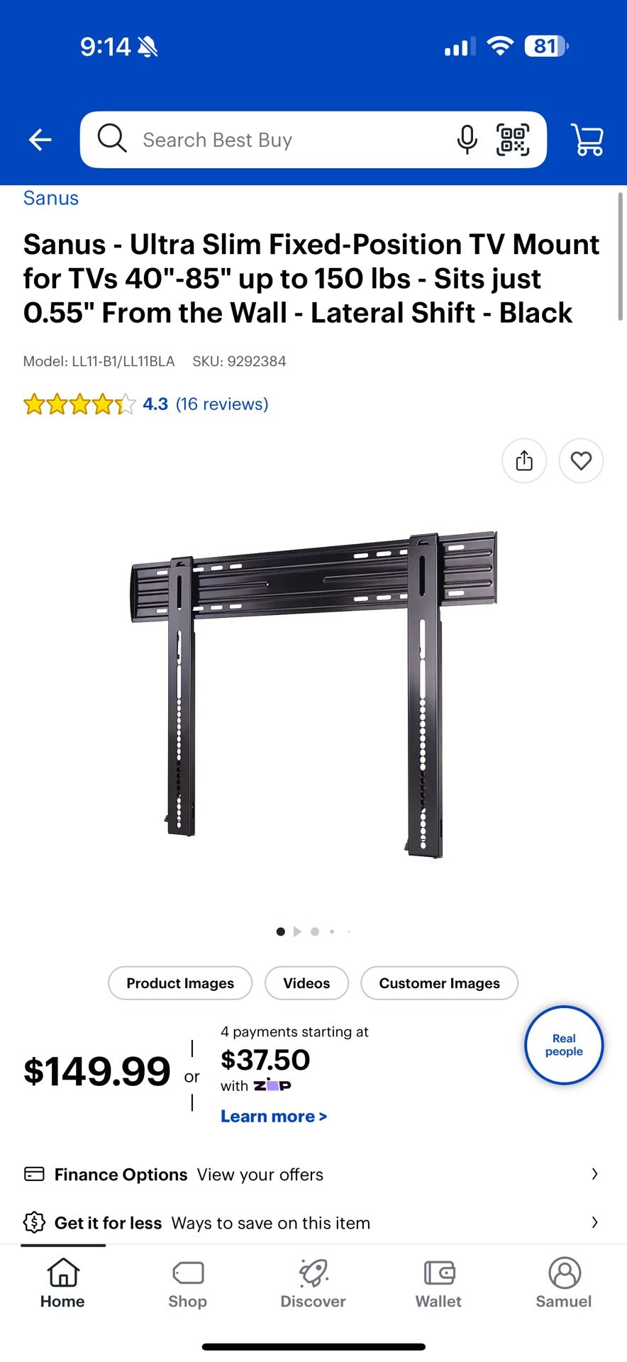 SANUS SUPER SLIM TV WALL MOUNT 40”-85”