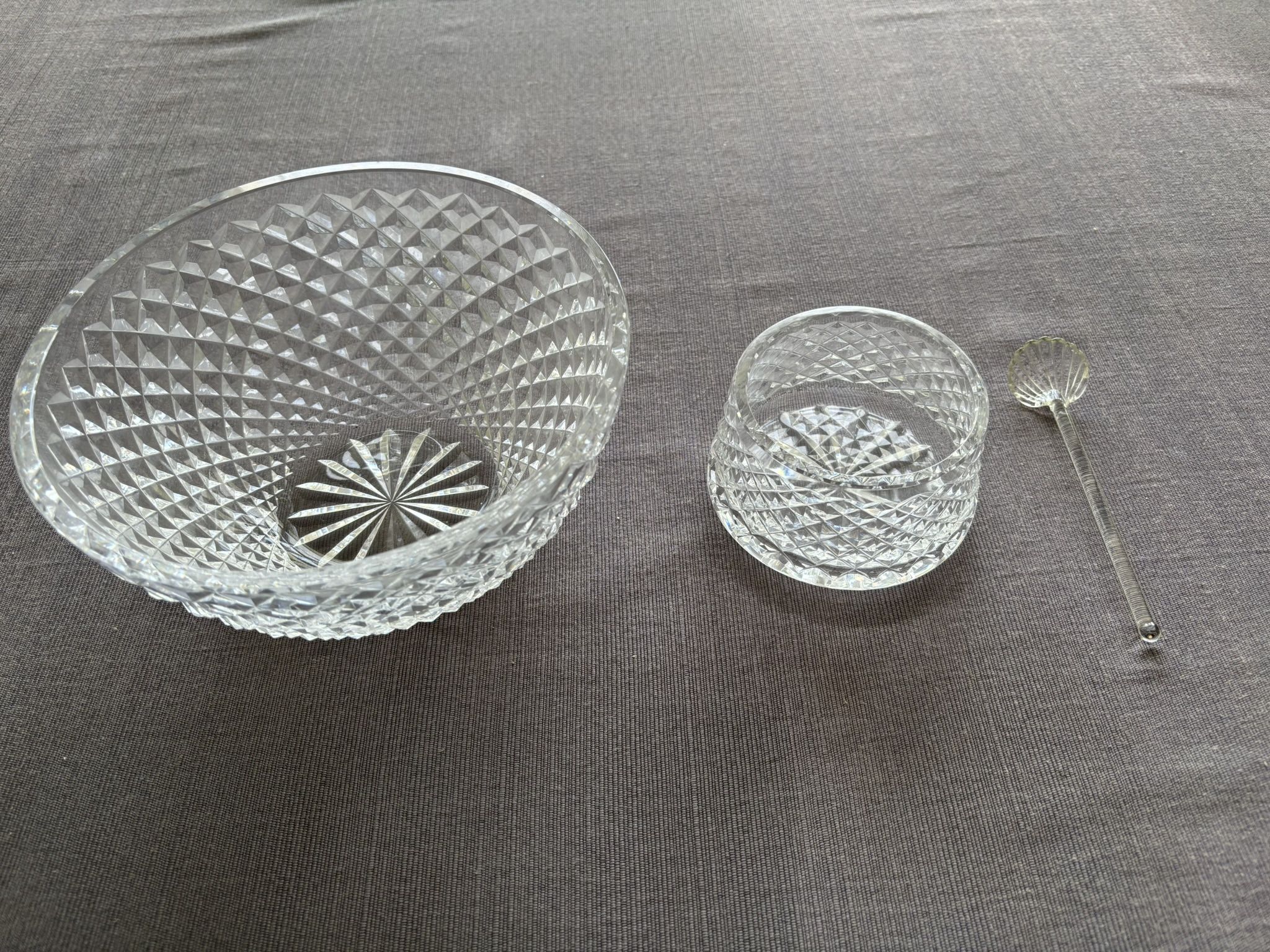 Vintage Waterford Crystal Bowls, lot of 2, excellent condition. 8” round serving bowl (Alana or Colleen pattern), 4” open sugar bowl (likely Alana) w