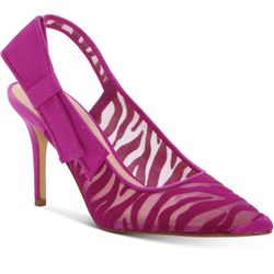I.N.C. International Concepts Coletta pointed-toe slingback pumps in a purple zebra mesh print with a bow accent. 