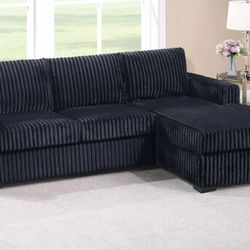 COMPACT BLACK FUR LIKE CORDUROY SECTIONAL WITH RIGHT SIDED CHAISE 