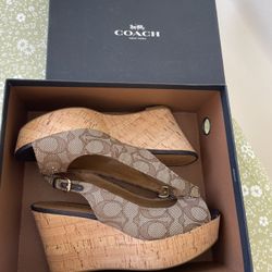 COACH Ferry Signature C Jacquard Calf Khaki Chestnut wedge sandal SIZE 7 likeNEW